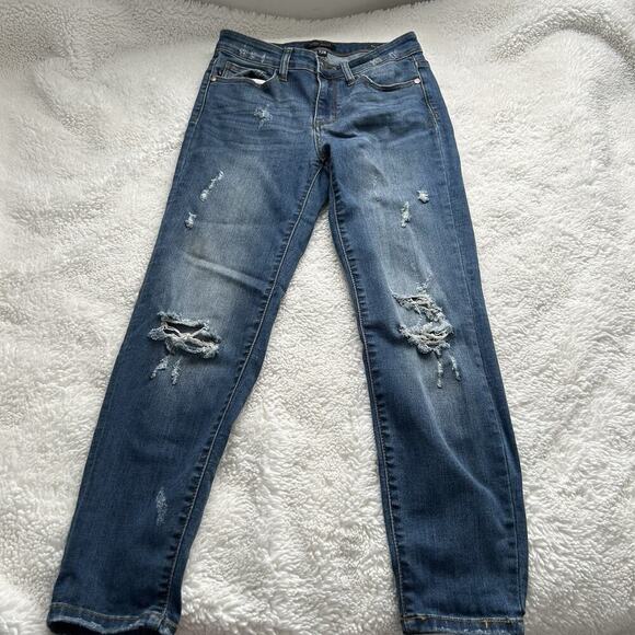 Judy Blue Jeans Womens 7/28 Blue Relaxed Fit‎ Distressed Stretch Dark Wash Denim - Picture 2 of 7